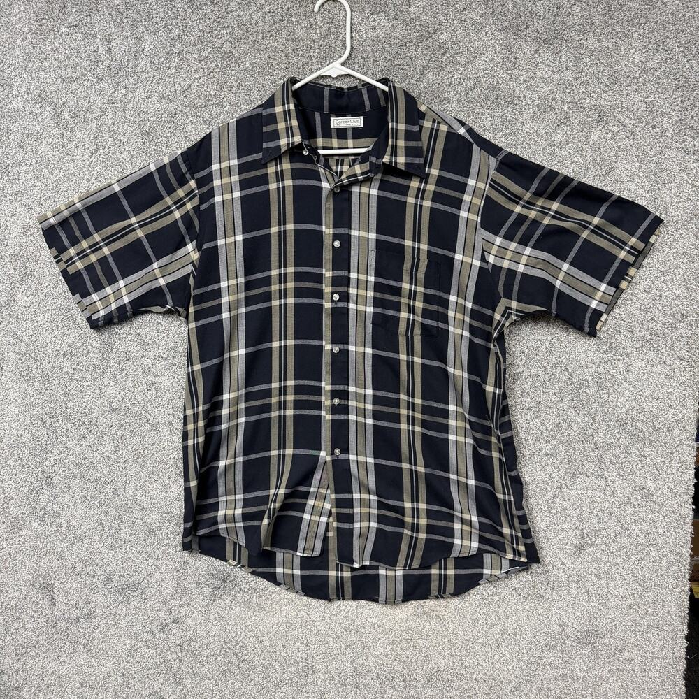 Vintage 80s 90s Career Club Button Up Shirt Mens XL Blue Gray Plaid Academia USA